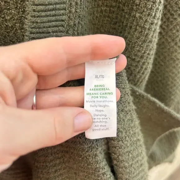 Aerie CozyUp Waffle Knit Polo Sweater Olive Green Size XL - Picture 6 of 7